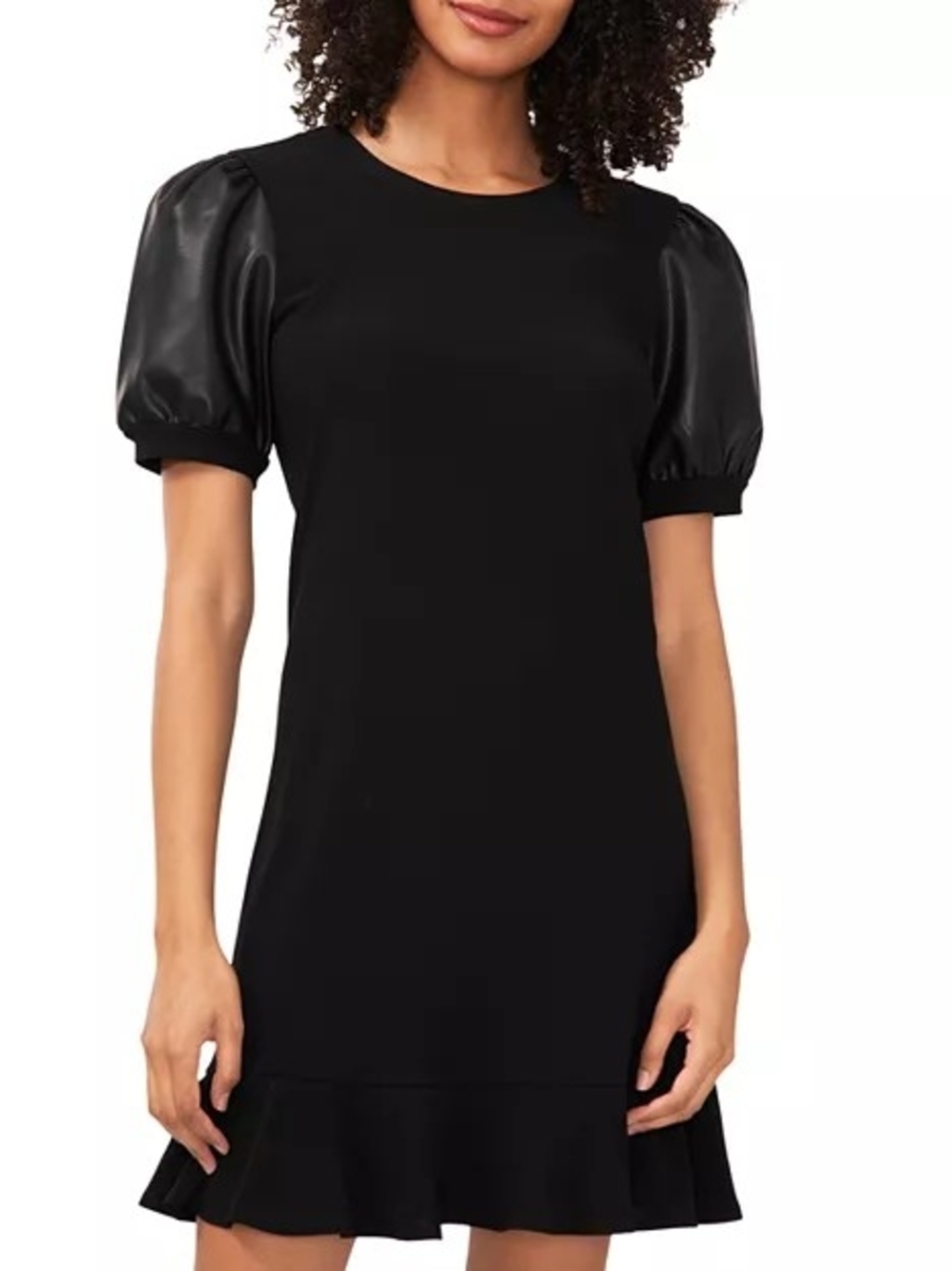 CeCe Faux Leather Puff Sleeve Black Flounce Dress XL NWT